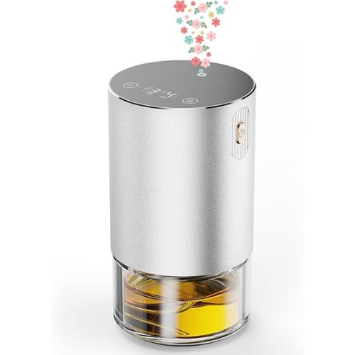 Waterless Essential Oil Diffuser, Rechargeable Aromatherapy Scent Diffusers for Home, Car, Bedroom, Office, 1/2/4/8-Hour Timer, 100ml Capacity, 3 Mist Levels, Silver