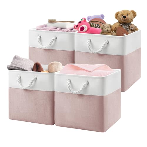 Patvingot 13x13x13 Cube Storage Bins,4 Pack Large Foldable Fabric Storage Cubes with Handles for Organizing Home, Closet, Shelf, Office(White&Pink)