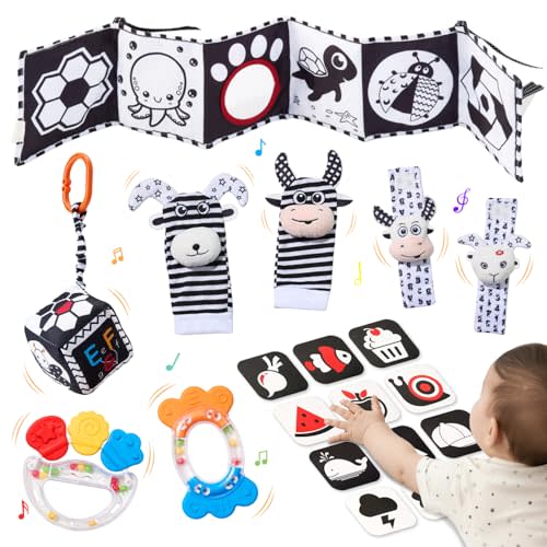 JoyCat Baby Toys 0-6 Months, 6-in-1 Newborn Sensory Toy Set | High Contrast Cards, Sensory Cloth, Wrist & Ankle Rattles, Baby Rattle, Hanging Cube & Teether, Baby Shower Gift