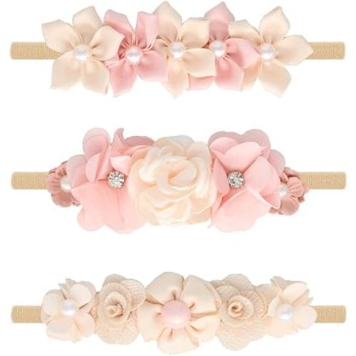 Baby Girl Flower Headbands Set, 3pcs Elastic Nylon Floral Hair Band, Bows Wrap for Infant Newborn Toddler