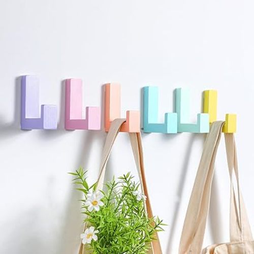 Teenyyou 6 Pack Cute Kids Coat Wall Hooks Wooden Adhesive Decorative Colorful Wall Mounted Hangers Backpack Hooks for Hanging Keys Towel Clothes Bathroom Organization(Pastel)