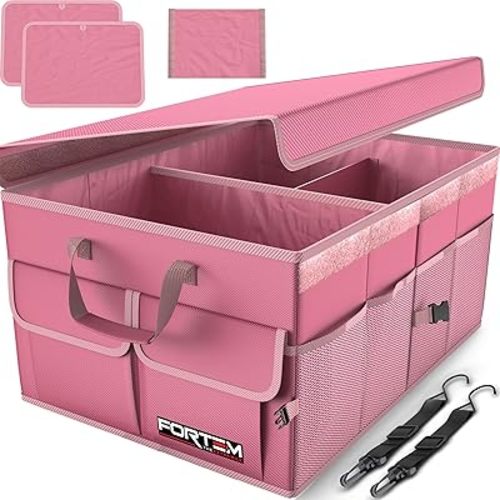 FORTEM Car Trunk Organizer, Car Storage Organizer, Collapsible Multi Compartment Car Organizer, SUV Trunk Organizer, Non Slip Bottom, Adjustable Securing Straps, Soft Cover 65L (Pink, Large)