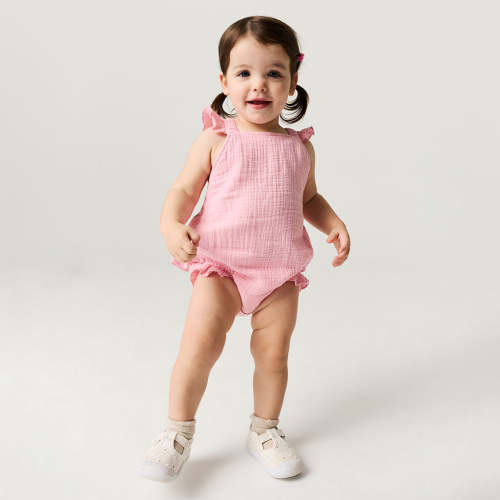 Happy Pink Cotton Crinkle Ruffled Romper
