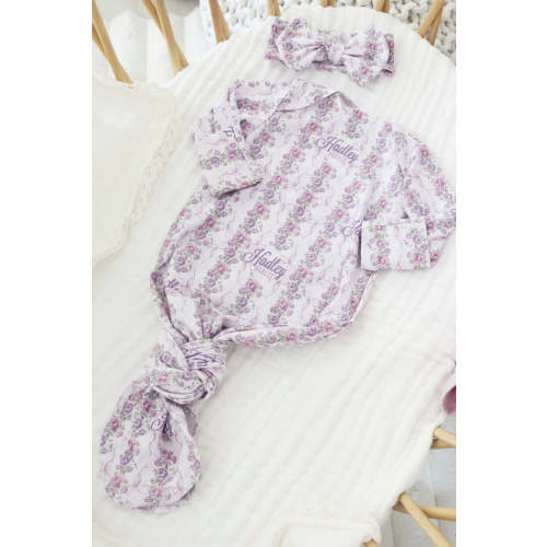 Violet Vines Personalized Newborn Baby Knot Gown | Caden Lane