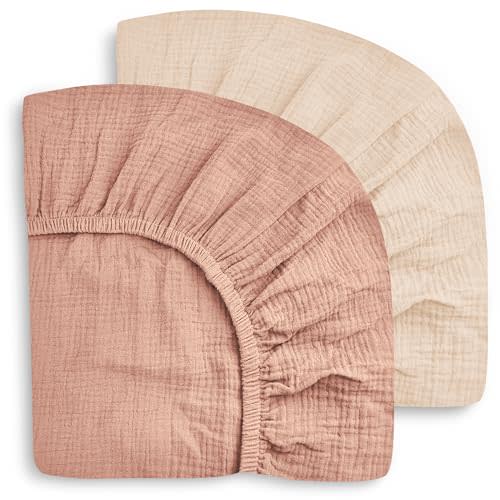 SWEET DOLPHIN 2-Pack Muslin Crib Sheets for Boys & Girls, Ultra Soft Breathable 40S Long-Staple Cotton Fitted Baby Sheets for Standard Crib Mattress 52"x28", Light Bean Paste- Nursery Essentials