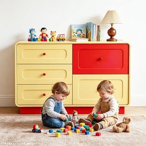 Yellow and Red 5 Drawer Dresser with Large Drawers Curved Edges for Bedroom