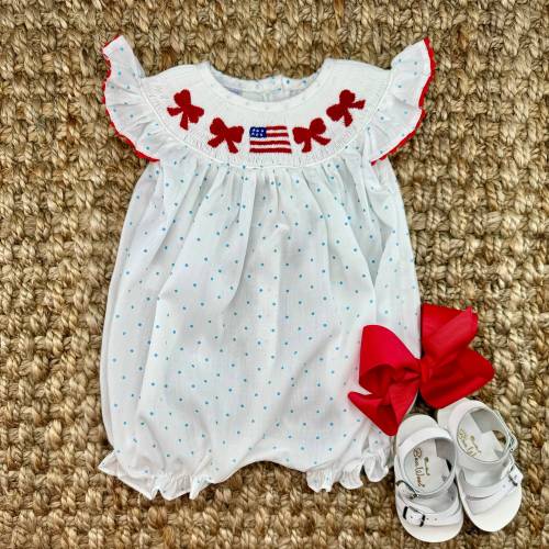 Smocked Flag & Bow Girl's Bubble Romper - American Flag, 4th of July, Memorial Day, Army, Navy, Marine, Military Graduation, Baby 627 *B