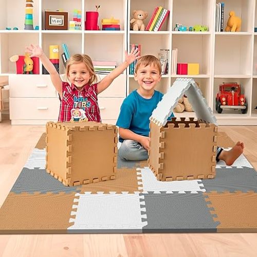 16 Tiles Baby Play Mat for Floor, EVA Foam Baby Floor Play Mat with 0.6 Inch Thick Interlocking Foam Tiles, Foam Floor Tiles for Baby, Toddlers and Kids (White-Brown-Grey, 16PCS)