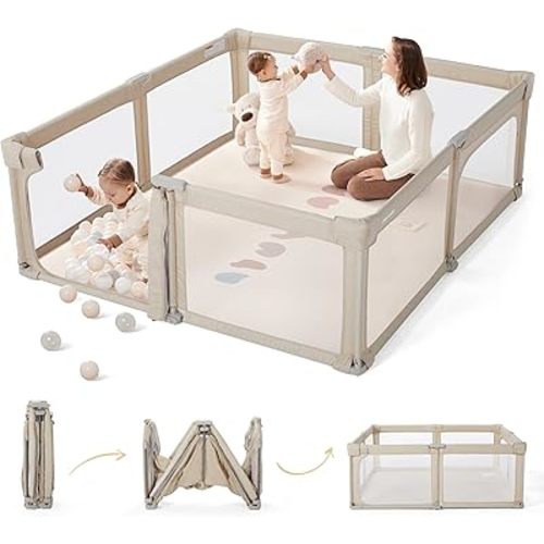 Sweeby Corralito para bebés, 59 x 59 pulgadas, corralitos para bebés y niños pequeños, corralito extra grande con puerta de juego para valla interior y exterior, color caqui avena