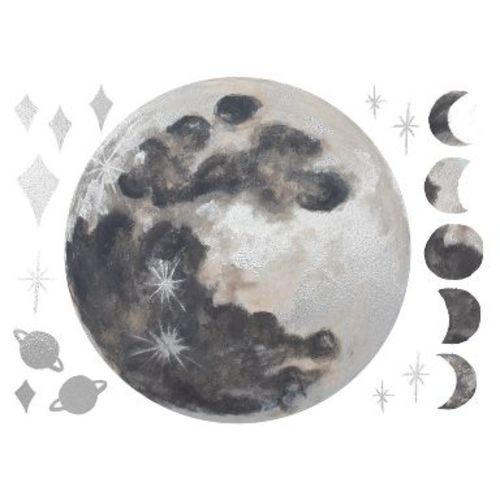 RoomMates Moon Peel and Stick Wall Decal with Metallic Silver Ink Gray : Vinyl Modern Geology Decor, 18pcs