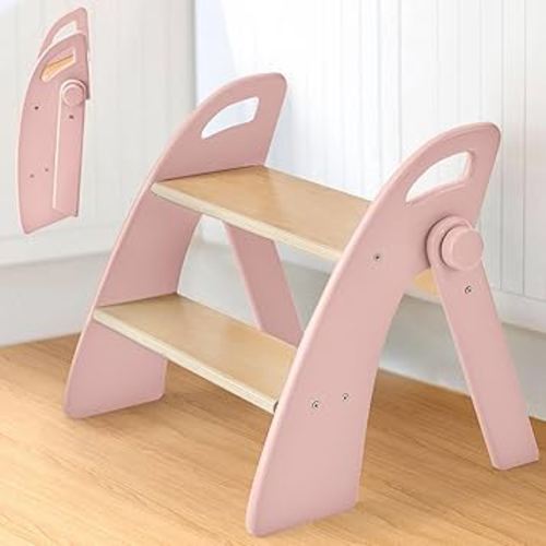Wooden Step Stool, Two Step Stools, 300 lb. Load Capacity, with Safety Non-Slip Pads and Handles, Bamboo Step Stool for Bathroom and Kitchen, Children's Double Height Step Stools(Pink)