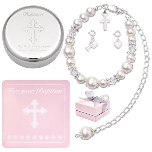 Baptism Bracelet in Sterling Silver and Cultured Pearls for Baby Girls, Comes with a Unique Silver-plated Jewelry Keepsake Box, Christening and Baptism Gifts For Girl, Includes 3 Charms