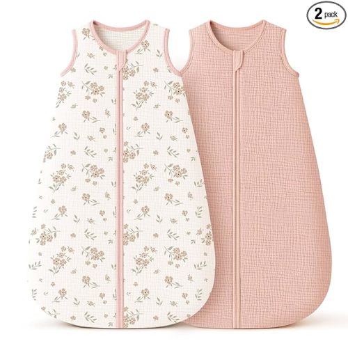 Konssy Muslin Baby Sleep Sack 0-6 Months 0.8 TOG, 2 Pack 100% Cotton Wearable Blanket for Babies, 2-Way Zipper Breathable Sleeping Sack Infant Toddler Essentials for Girls and Boys (Blossom, Pink)