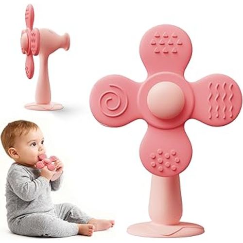 Windmill Baby Teething Toys, 2-in-1 Silicone Teether & Montessori Sensory Rattle Toy, BPA-Free Food Grade Baby Teether, 6-12 12-18 Toddler Boy Girl Essentials for Teething Relief, Pink