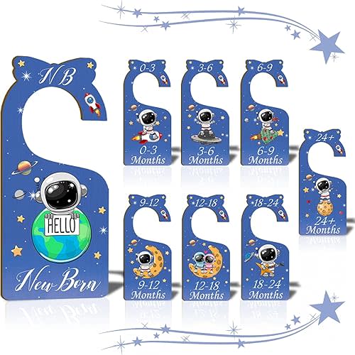 Baby Closet Dividers for Clothes Organizer - Set of 8 Wooden Double-Sided Blue Baby Clothes Size Hanger Organizer from Newborn to 24 Months for Daycare Wardrobe, Boy Nursery Decor