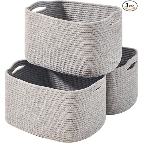 ICERZCZ Storage Baskets for Organizing Shelves, Woven Cotton Rope Bins for Baby Nursery Organization, Book Toy Towel Organizer, 15"x11"x9.5", 3 Packs, Grey