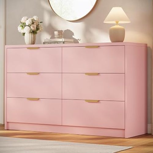53" Wide 6 Drawer Dresser for Bedroom, Modern Simple Wood Dresser Chest of Drawers Closet Store Organizer for Living Room, Hallway, Pink