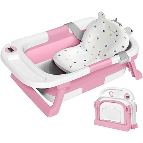 Collapsible Baby Bathtub,Baby Bath Tub with Thermometer & Soft Cushion,Baby Bathtub for Newborn to Toddler 0-36 Months,Portable Travel Baby Tub with No-Slip Feet,Baby Shower Gifts,Pink