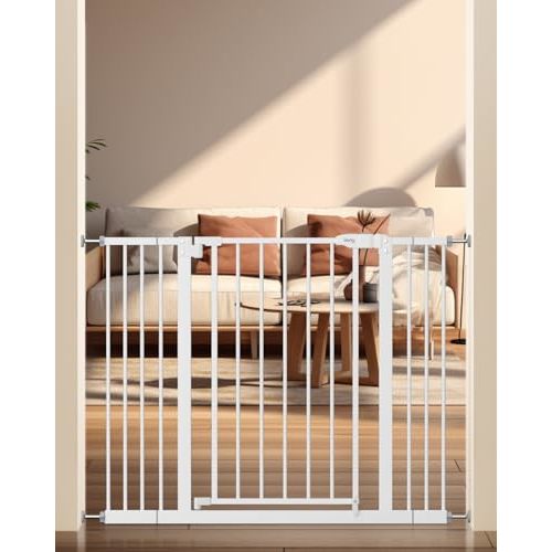 keny 29"-42.5" Baby Gate for Stairs, Auto Close Safety Dog Gate, Pressure Mounted Easy Walk Through Pet Gate for Doorways, Durable Stair Gate, 30" Tall, White