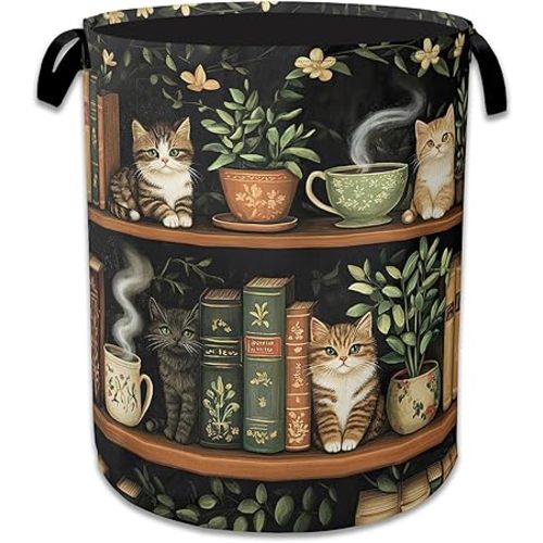 Cute Cat Laundry Basket,Foldable Oxford Cloth Bookshelf Laundry Hamper With Handle, 20.8"x16" Portable Clothes Storage Basket Bag for Laundry Room/Bathroom/Bedroom/Dormitories