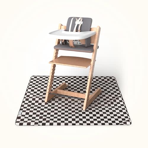 Tiny Twinkle Splat Mat for Under High Chair or Table | 44" x 44" Waterproof & Mess-Proof High Chair Mat for Baby, Machine Washable for Mealtime or Art(Black Checkers)