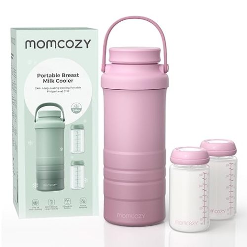 Momcozy 22oz Portable Breast Milk Cooler for Outdoor, Life Saver with 360° Total Cooling for 24 Hours, Larger Capacity Travel Breastmilk Chiller with 2pcs Baby Bottles for Breastmilk Storage, Pink