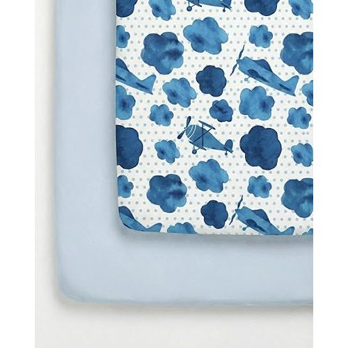Pack and Play Sheets Fitted - 2 Pack Mini Crib Sheets for Pack N Play Mattress - Unisex Playard Microfiber Bedding for Boys & Girls - Soft, Breathable & Wrinkle Free - Oeko-Tex, 38 x 26in - Plane Sky