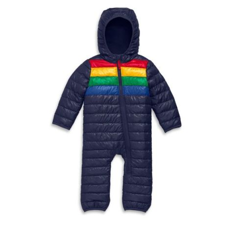 Primary Baby Lightweight Puffer Suit In Navy Bold Rainbow Stripe Size 3-6 Months