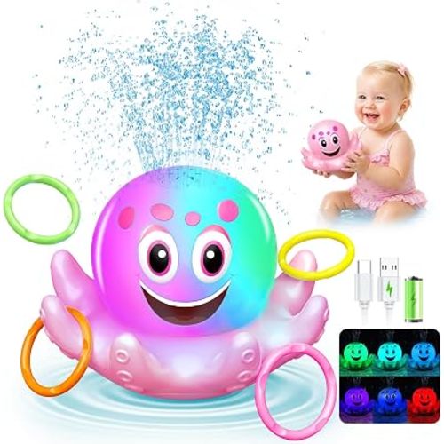 Bath Toys -Light Up Octopus Sprinkler & Ring Toss for Toddlers