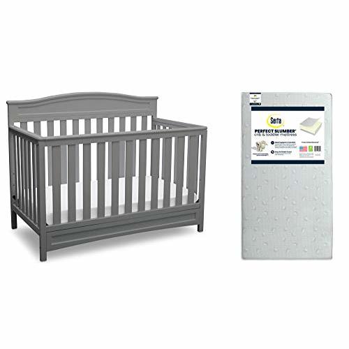 Delta Children Emery 4-in-1 Convertible Crib, Grey + Serta Perfect Slumber Dual Sided Recycled Fiber Core Crib and Toddler Mattress (Bundle)