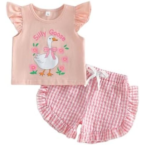 Toddler Baby Girl Summer Clothes Silly Goose Ruffle Sleeveless Tops Plaid Shorts Set 2Pcs Country Farm Goose Outfit