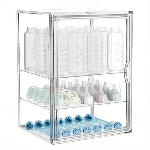 HBlife Baby Bottle Storage Organizer for Countertop Cabinet, 3 Tiers Adjustable Clear Acrylic Bottles Storage Station Case Box Container with 2 Removable Dividers and Magnetic Door, X-Large