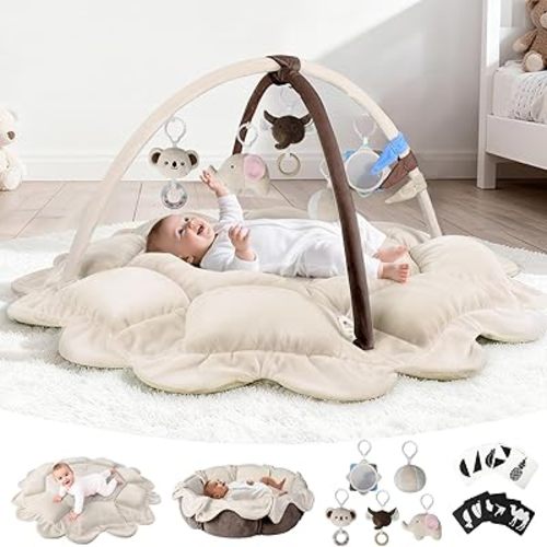 5-in-1 Baby Play Gym with 5 Sensory Toys, Baby Play Mat for Floor, Khaki