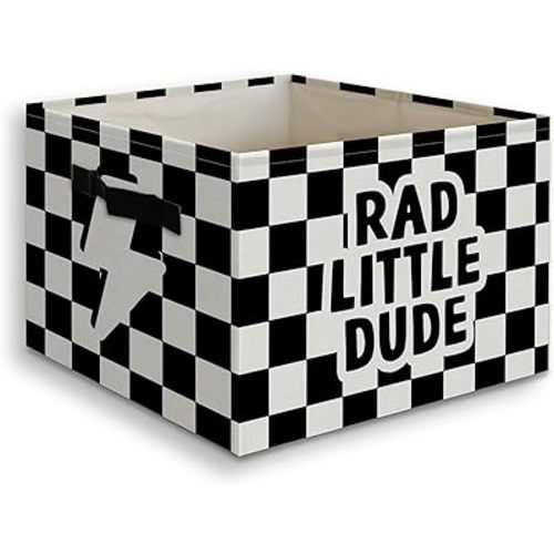 Rad Little Dude Boy Foldable Storage Bins Box with Handles, Black and White Checkered Collapsible Organizer Basket for Kids Boys Bedroom Bathroom Nursery Playroom Clothes Toys Books