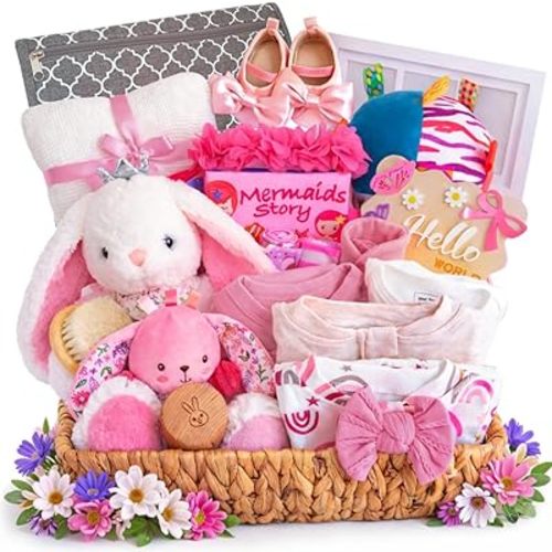 Luxury 36 Pcs Baby Girl Gift Basket Premium Newborn Essentials, Baby Shower Gender Reveal Gifts,Baby Books Blanket Footie Pajamas Portable Diaper Changing Pad,Baby Gift Basket for Girls,Large,Pink