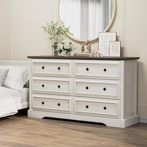 VVFLU Farmhouse 6 Drawer Dresser for Bedroom, 54" Wide Wood Dresser with Natural Texture, Rustic Chest of Drawers for Bedroom with Vintage Metal Hands, for Living Room, Hallway, Antique White