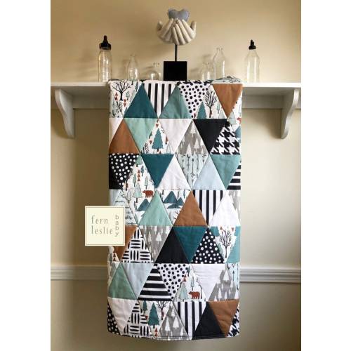 Baby Quilt Handmade Bear Mountain, Triangles, Woodland Nursery, teal,  brown, cream, black, white