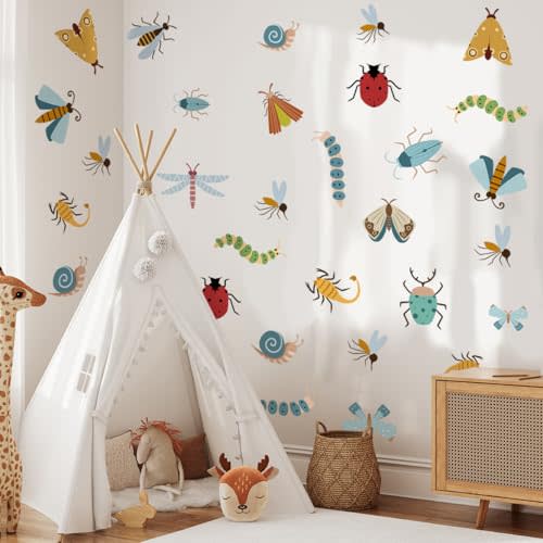Insect Cartoon Wall Sticker, Nursery Decor, Caterpillars, Dragonflies, Snails, Ladybugs Wall Decor Mural for Nursery Bedroom Living Room Kitchen Home Wall Decals Decoration.