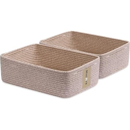 Large Shallow Organizing Baskets 15x11x5.1 Inches - Rope Woven Storage Bins for Bathroom, Shelves, Cube Closet, Mixed Brown 2 Packs