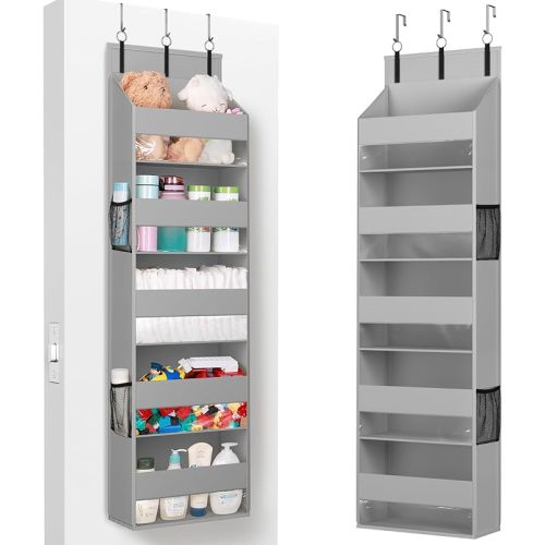 Lifewit 1 Pack Over the Door Organizer, Clear Window Hanging Storage with 4 Side Pockets, Anti Tilt 40 lbs Load Behind Door for Pantry, Nursery, Bathroom, Bedroom, Dorm, 5 Section, Gray