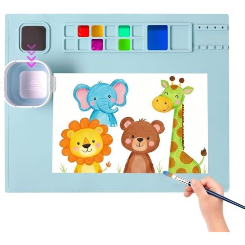 AWOKE Silicone Painting Mat - 20"X16" Silicone Art Mat with 1 Water Cup for Kids - Craft Mat has12 Color Dividers - 2 Paint Dividers (Blue),Toddler Activities,3 4 5 Year Old Girl Boy Birthday Gifts