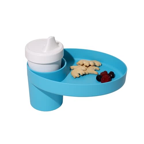 Travel Tray Oval USA Made Extend Your Current Cup Holder to Hold Your Cup Plus A Tray for Snacks, Toys and Accessories. Use in a Car Seat, Booster, Stroller, Golf Cart, Outdoor Chair, Aqua Blue