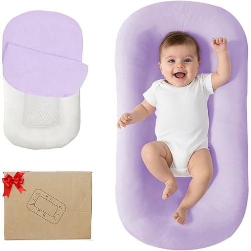 Lucakuins Baby Lounger, Bionic Design Baby Lounger for Newborn 0-24 Months, Soft Organic Cotton Breathable Lounger for Infants (Violet)