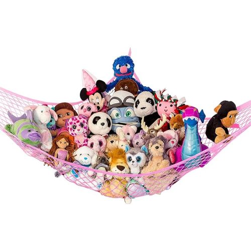 Lilly's Love Stuffed Animal Hammock | Corner Hanging Organizer, Toy Storage, Stuffed Animal Storage Net | Made From Quality Fishing Net, Holds 12lbs | 67"x47"x47" (Pink)