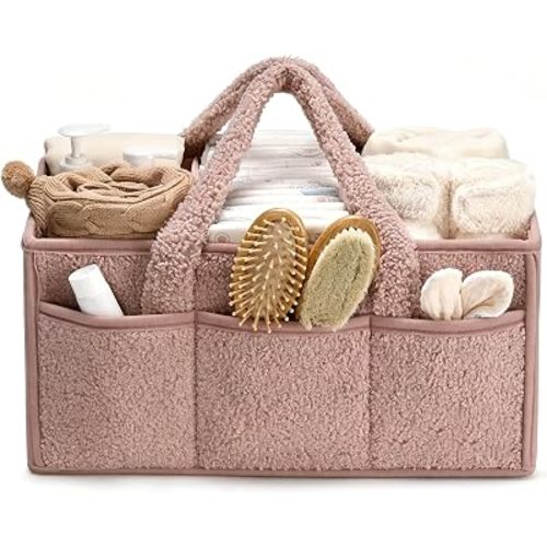 Baby Diaper Caddy Organizer with Handle, Large Nursery Storage Basket for Newborn Essentials, Wipes, Diapers, Lotions and Baby Items, Portable Diaper Storage Basket with Removable Dividers