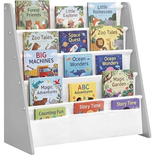 SONGMICS Kids Bookshelf, 4-Tier Sling Bookcase, Fabric Organizer for Toddlers, Child-Friendly Storage Rack for Playroom, 24.6 x 9.8 x 23.6 Inch, Dove Gray and White, TEZA Collection UGKR079GD01