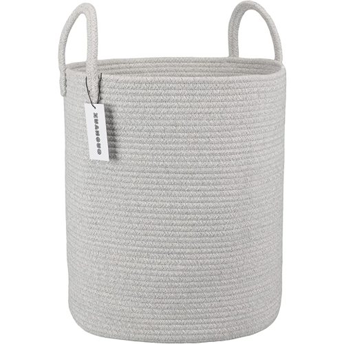 Cotton Rope Laundry Basket Hamper for Clothes Woven Storage Basket for Living Room Bedroom Boho Tall Rope Baskets for Blanket Toys Pillow Towels Baby Nursery Hamper Bin Large light grey