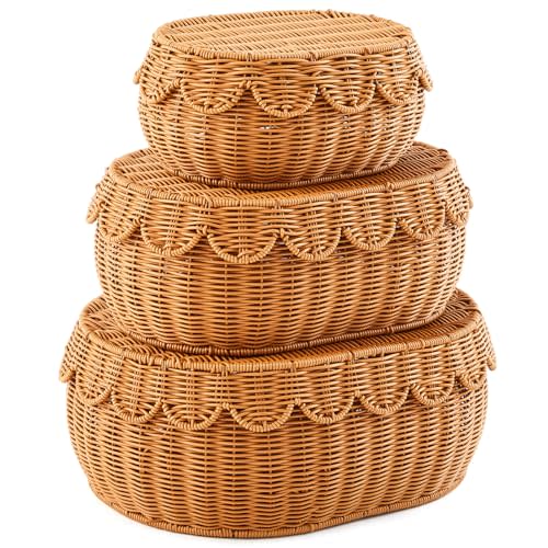 Juexica 3 Pcs Scalloped Rattan Baskets, Woven Rattan Wicker Storage Baskets with Lid for Nursery Storage Diaper Organizer Bathroom Decor (Dark Brown,Small,Medium,Large)