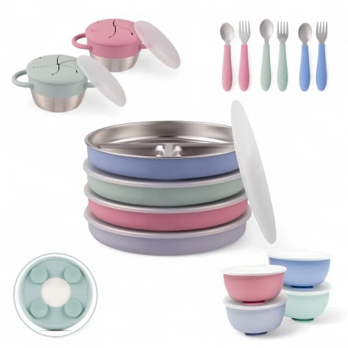 Elk and Friends Stainless Steel Mealtime Bundle | Sucton Sleeves | Plates, Bowls, Snack Cups + Toddler Utensils | 16 Pcs | Blush/Lilac/Sage/MistyBlue