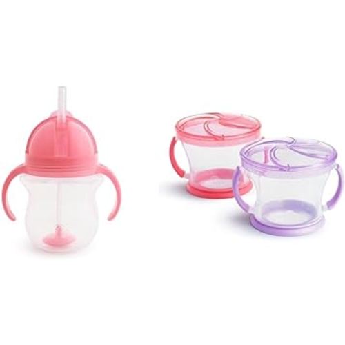 Munchkin® Any Angle™ Weighted Straw Trainer Cup with Click Lock™ Lid, 7 Ounce, Pink & ® Snack Catcher® Toddler Snack Cups, 2 Pack, Pink/Purple